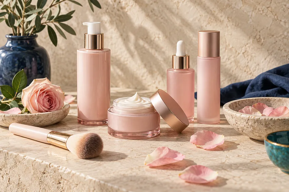 Skincare and beauty products on a tabletop