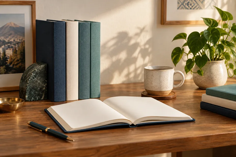 Books and notebook in a learning workspace