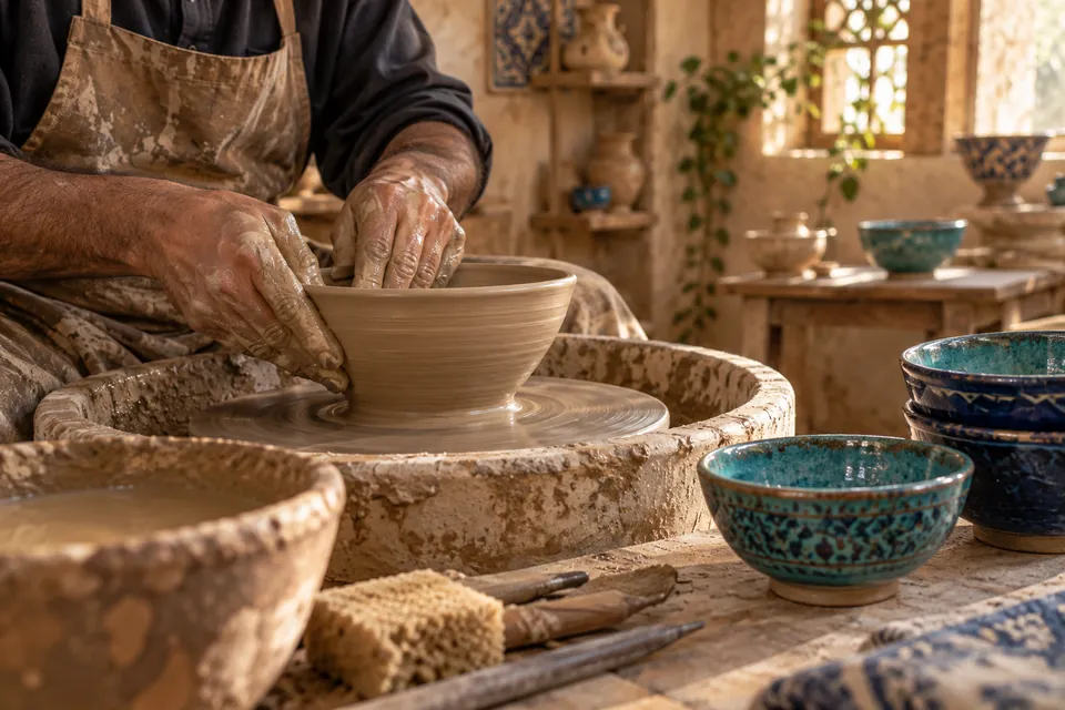 Potter shaping handmade pottery