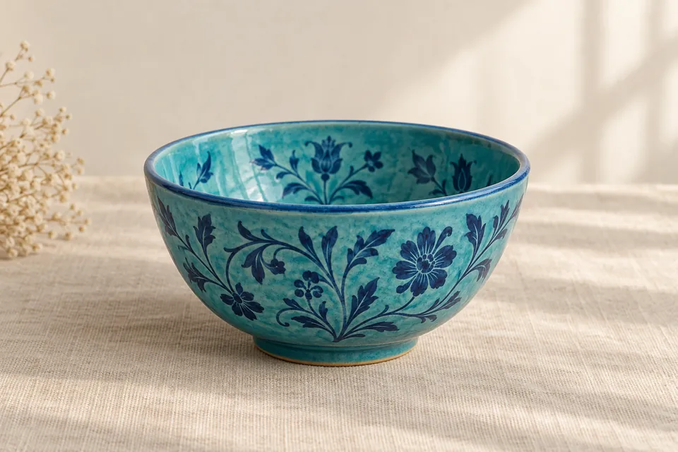 Turquoise ceramic bowl with a navy floral pattern